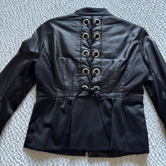 Vintage BEBE Black Leather Moto Jacket with Laceup Back and Peplum Skirt, Small - Picture 6 of 14